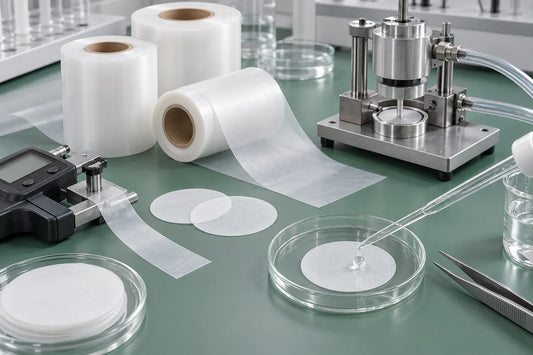 Battery separator film rolls, thickness measurement, air permeability testing, and electrolyte wetting in a laboratory