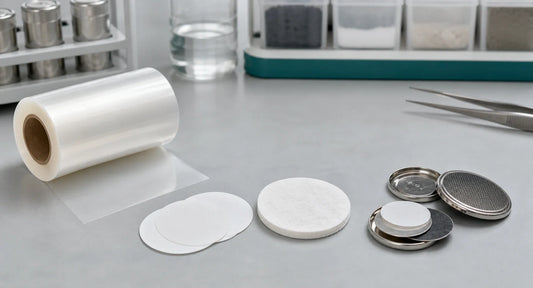 Battery separator formats for laboratory selection, including polyolefin film, glass fiber discs, and coin cell components