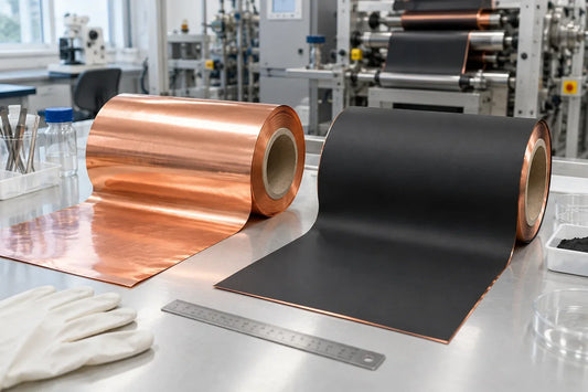 Bare copper foil and carbon-coated copper foil rolls on a battery research laboratory bench