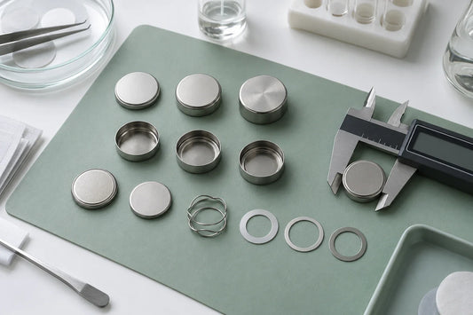 Empty coin cell cases, spacers, springs, and a caliper on a battery research lab bench