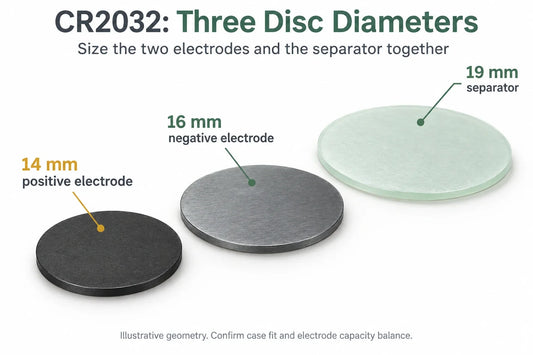 Illustrative 14 mm positive electrode, 16 mm negative electrode, and 19 mm separator discs for CR2032 size planning