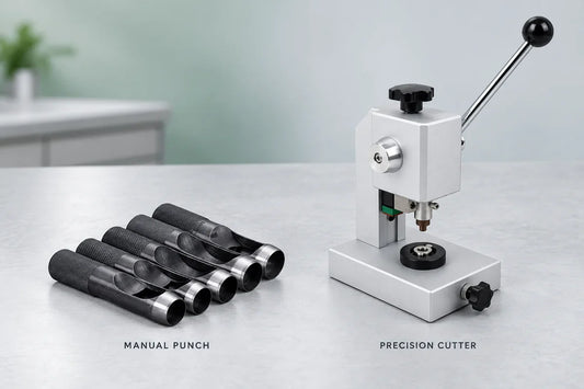 Landscape comparison of manual circular punches and a lever-operated precision coin cell disc cutter
