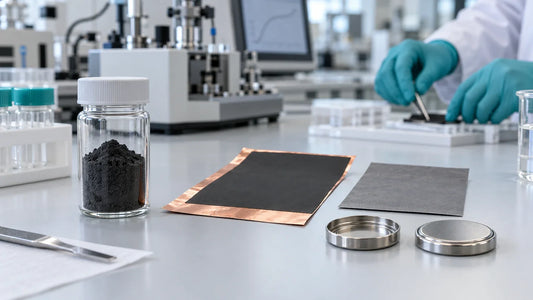 Silicon-carbon anode powder, coated copper foil, graphite electrode, and coin-cell parts on a battery research lab bench
