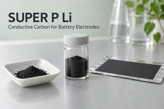 Illustrative Super P Li carbon black powder and coated electrode material on a laboratory bench