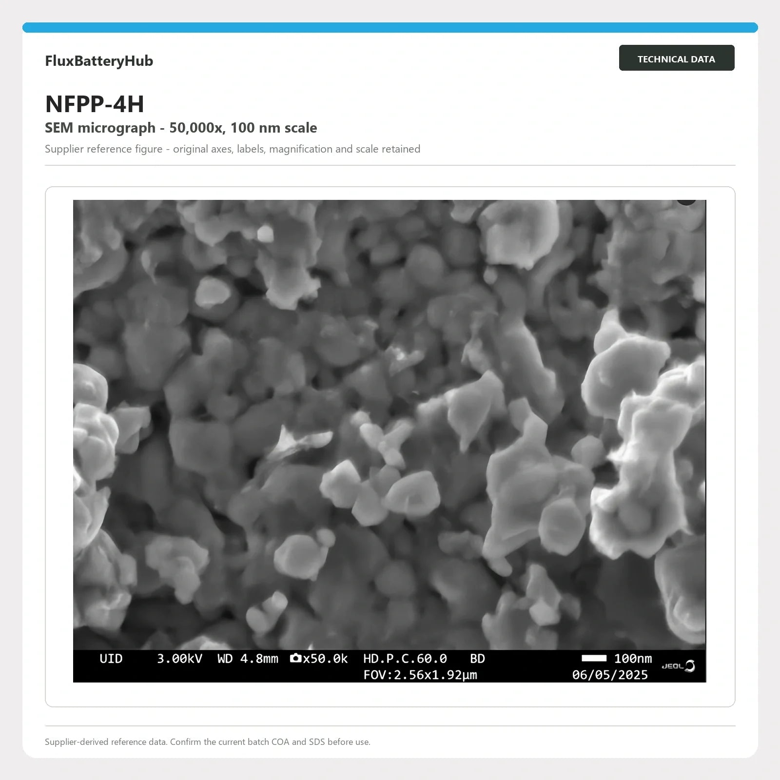 NFPP-4H supplier SEM micrograph at 50,000x with 100 nm scale