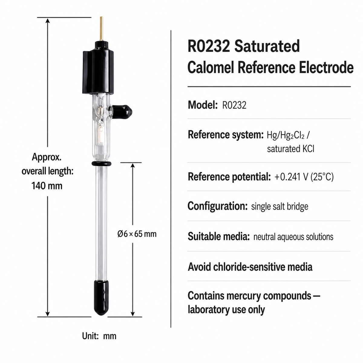 R0232 saturated calomel reference electrode dimensions and technical specifications